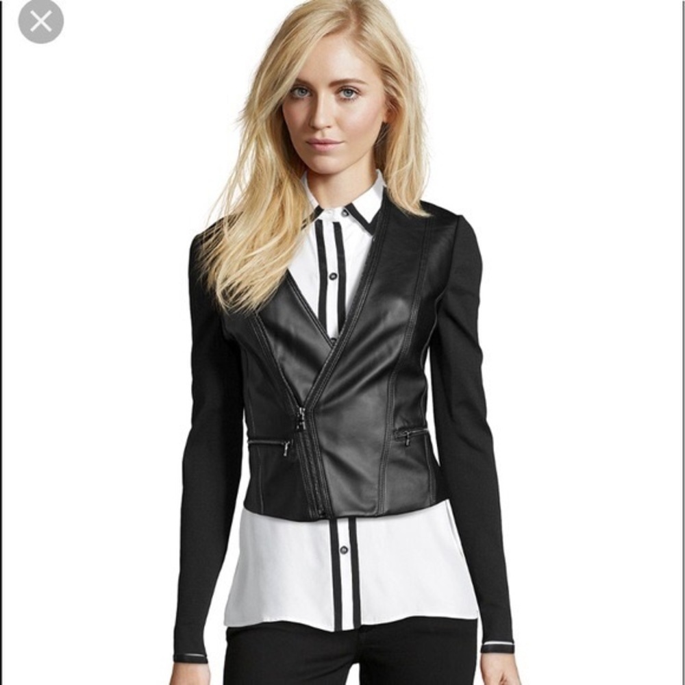 BCBG MAXAZRIA Owen Asymmetrical Zip Leather Knit Moto Biker Jacket Size XS